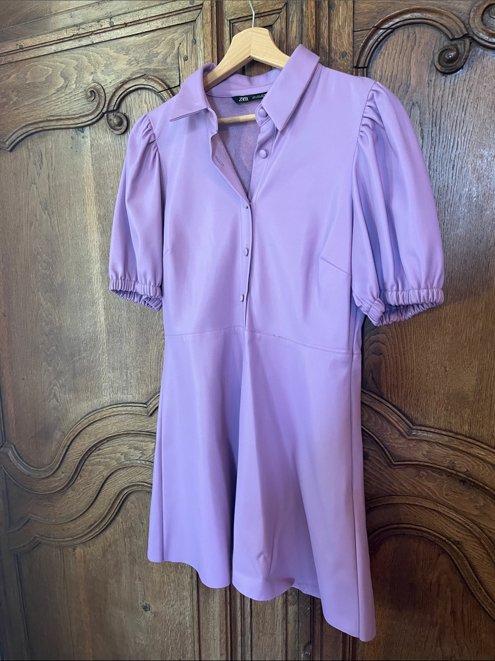 Zara Faux Leather Lilac Puff Sleeve Mauve Mini Dress - Picture 3 of 8